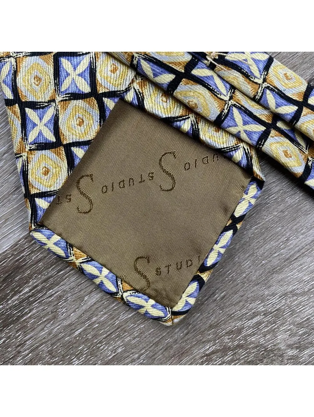 Robert Talbott Studio Tie Gold Blue Floral Geometric Handmade USA Necktie